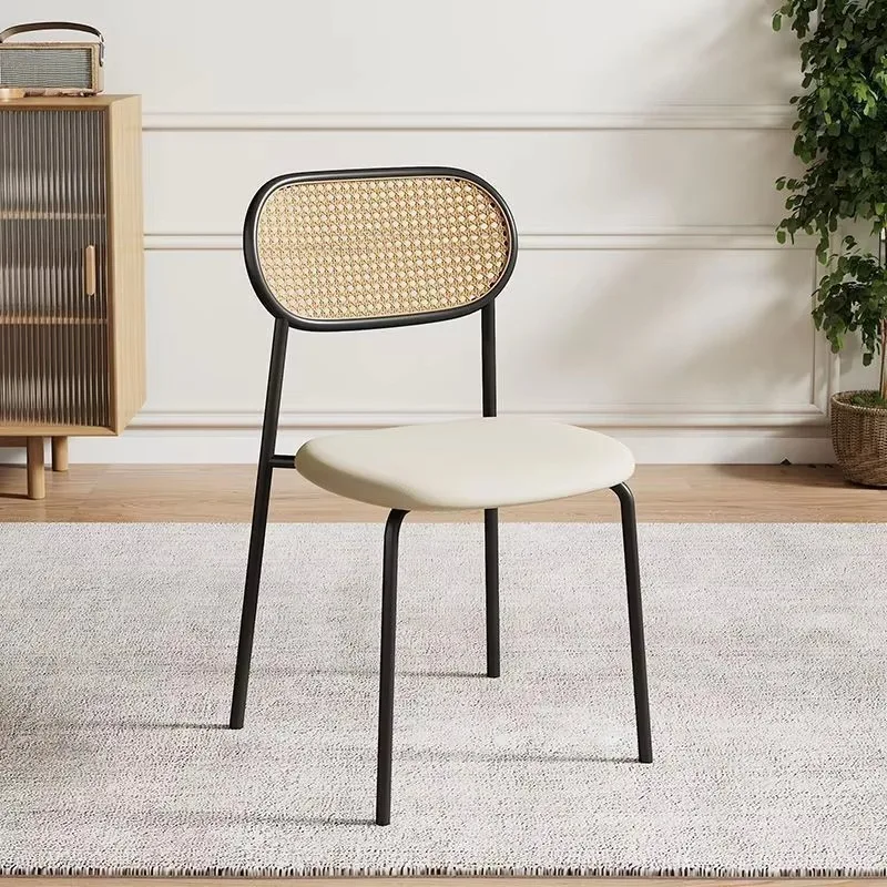 Modern rattan dining chair with backrest, waterproof upholstered, stackable, metal legs, foldable, suitable for family villas