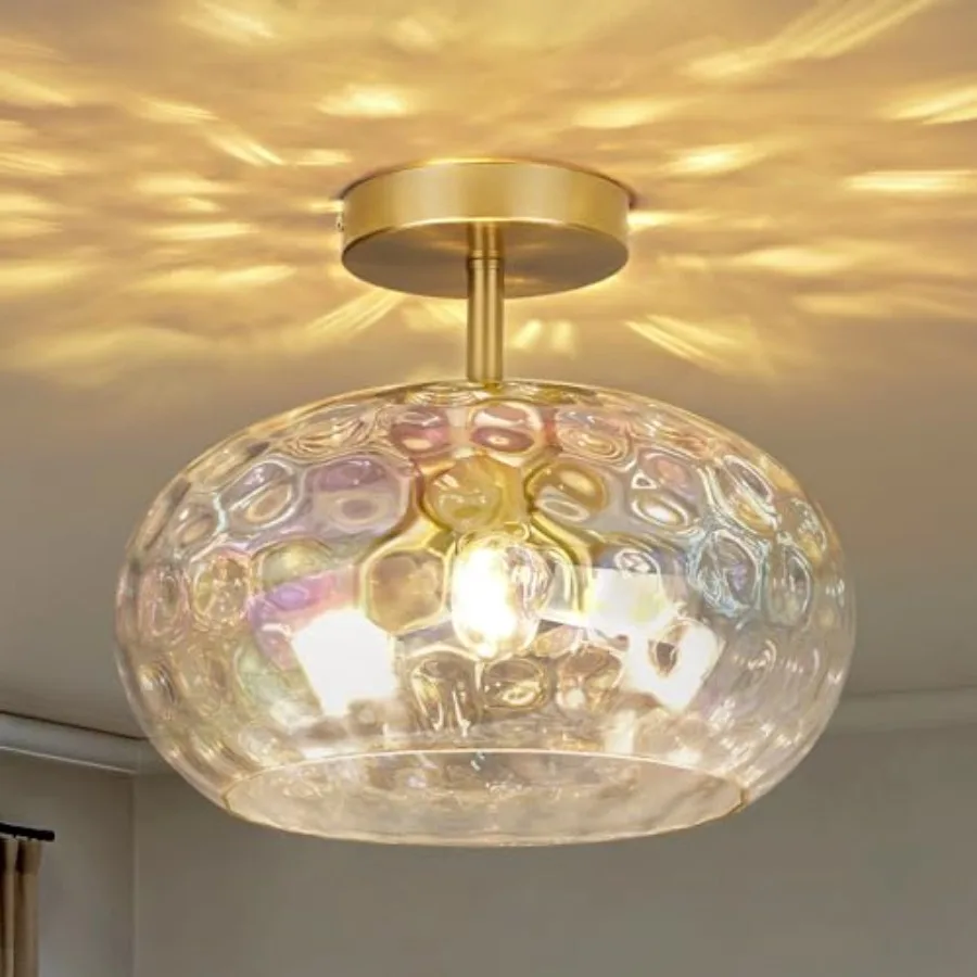 

12" Rainbow Hammered Glass Ceiling Light 3-Light Semi Flush Mount Fixture Modern Gold Lighting for Bedroom Hallway Kitchen Dini