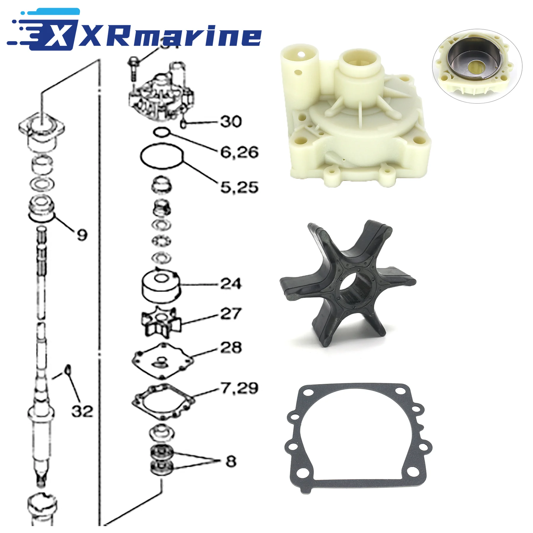 6E5-44352-01 Water Pump Impeller Kit Fits Yamaha 2/4 Str 115 130 150 175 200 225 250 HP Outboard Motor 6E5-44311-00 6E5-44315-A0