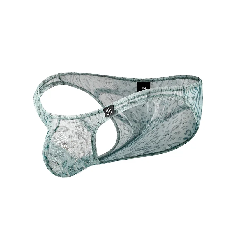 Men's Ice Silk Briefs Summer Low Rise U Convex Pouch Breathable Mesh Underwear Thin See through Sexy Print Panties