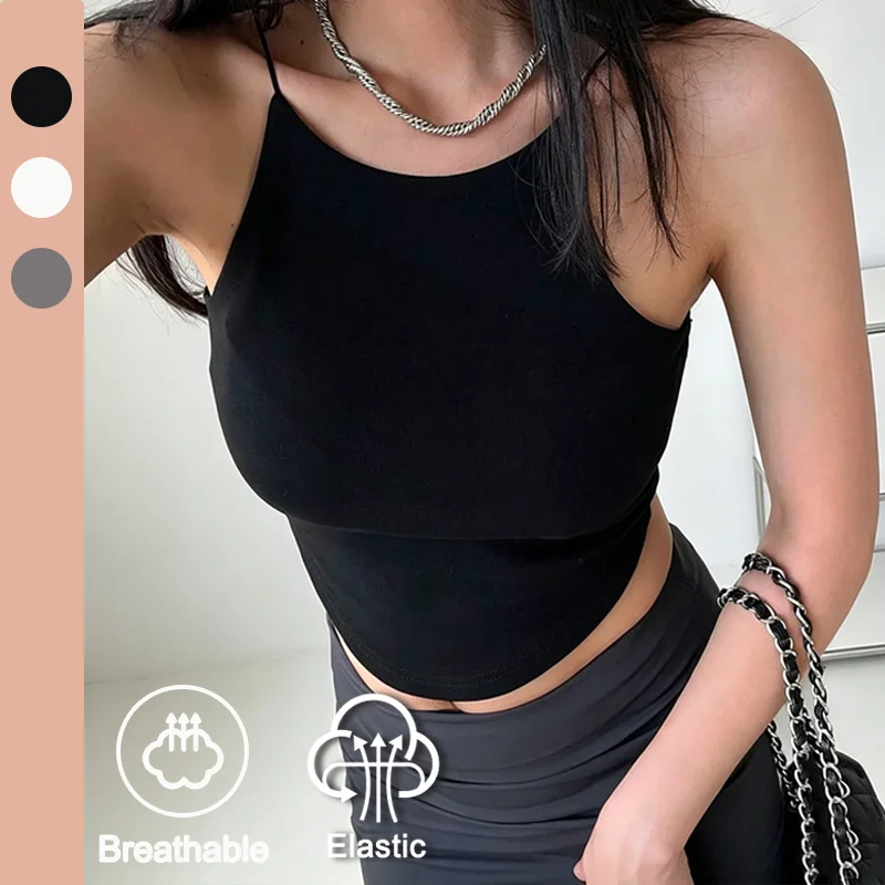 Women New Style Chest Pad Integrated Camisole Vest Sexy Hot Girl Pure Desire Curved Hem Inner Outer Wear Top