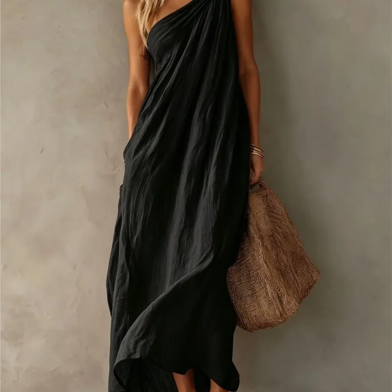 2026 New Summer Women's Dress With Sloping Shoulders Elegant Temperament Retro Unique Fashionable And Comfortable Long Vestidos