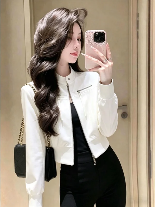 Cool Short Stand Collar Jacket Women's 2026 Spring New Hong Kong Style Fashionable Youthful Atmosphere Motorcycle Clothes