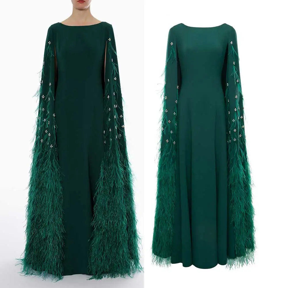 

Luxury Dubai Crystal Cape Evening Gown 2026 Saudi Arabia Special Occasion Formal Green Dress Cocktail Ball Feather Dress