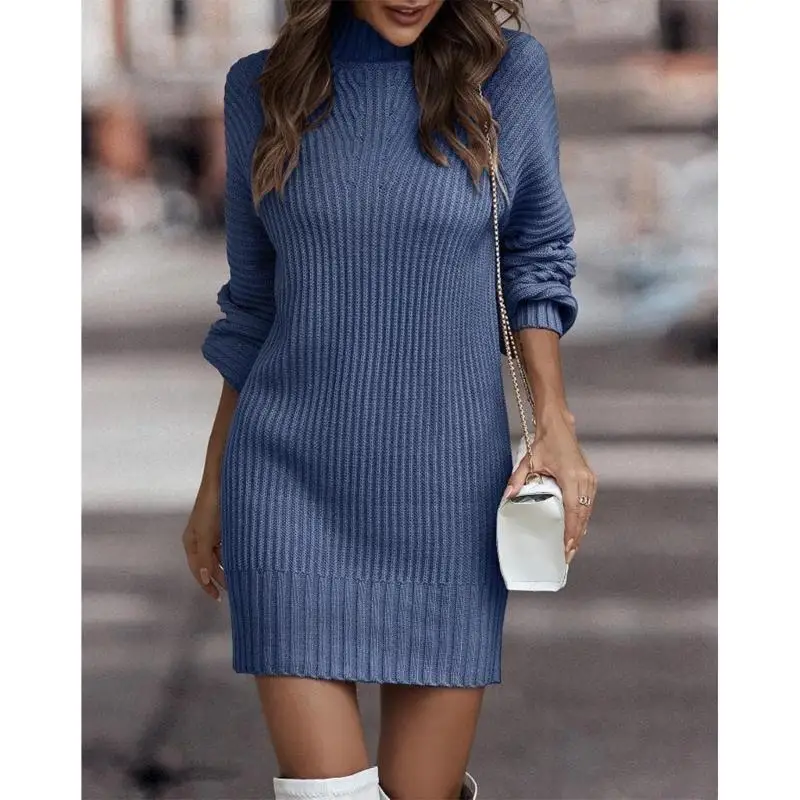 652F Abito pullover invernale da donna a maniche lunghe, aderente, aderente, mini maglione