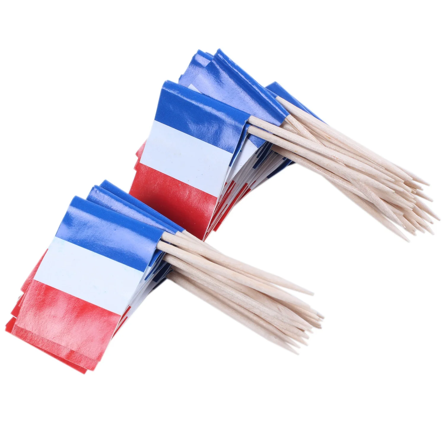 Mini palillo de dientes de madera con bandera, lote de 50 piezas, para decoración de fiesta, fruta, pastelería, Francia (azul, blanco, rojo)