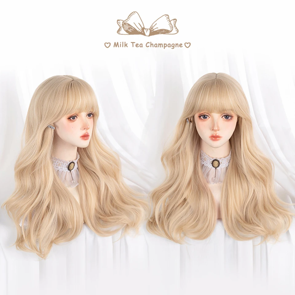 LM Long Natural Wavy Platinum Blonde Wigs With Bangs Cosplay Party Lolita Synthetic Wigs for Women Heat Resistant Fiber