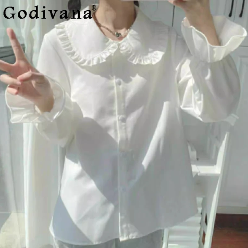 

Большой размер с длинным рукавом и воротником Питера Пэна, японская милая рубашка Jk, весенне-осенняя мода, универсальный возрастной топ в стиле Лолиты для колледжа