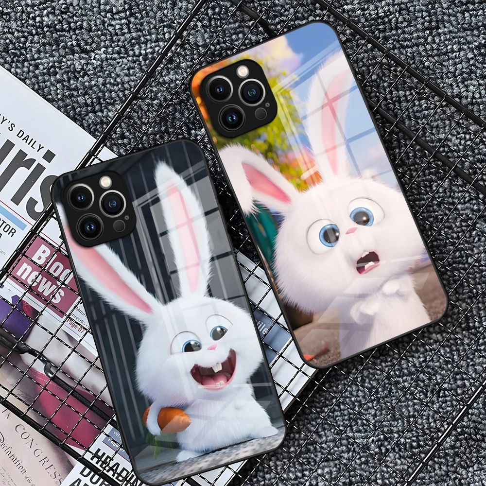 Cute Cartoon Rabbit Snowball Phone Case for iPhone  16 15 14 Pro 11 13 12 Mini XS XR Max 6 8 7 Plus SE Glass luxury Design Cove