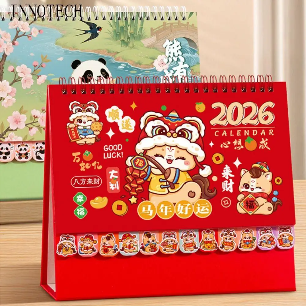 

Chinese Style 2026 Desk Calendar Cartoon Coil Binding Monthly Planner Horse/Panda Month Date Display Horse Year Calendar