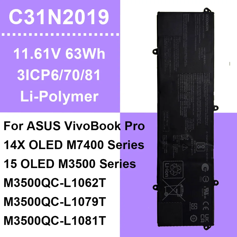 C31N2019 For ASUS VivoBook Pro 14X OLED M7400 15 OLED M3500 M3500QC-L1062T L1079T L1081T Series Laptop Battery 3ICP6/70/81