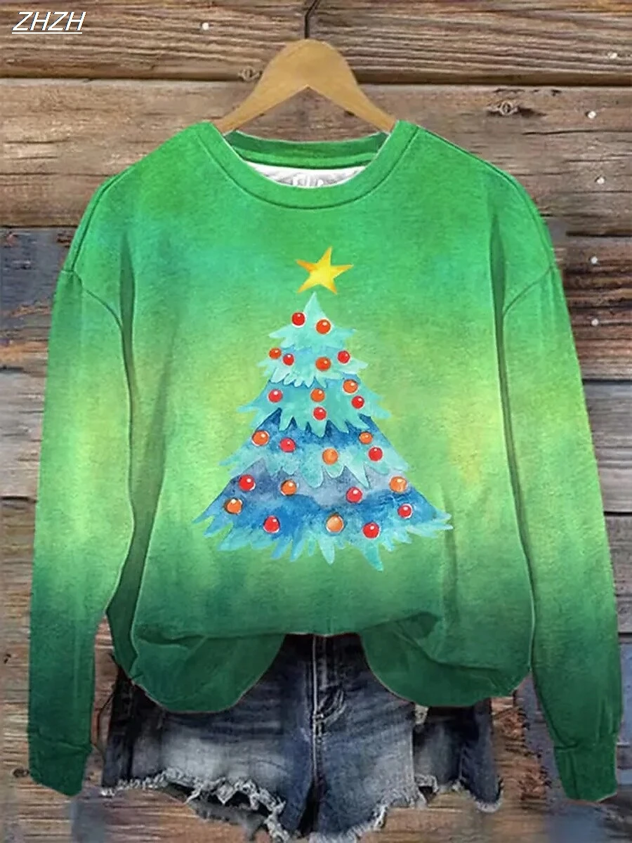 

Женский пуловер, толстовка с рисунком рождественской елки, повседневная одежда с длинными рукавами и круглым вырезом, обычные топы, уличная повседневная одежда, повседневная осень-зима