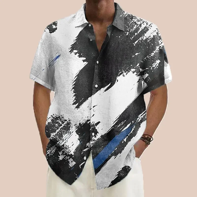 

Ink graffiti gradient pattern printed short-sleeved shirt Fashionable high-end design lapel men's tops new men's shirts