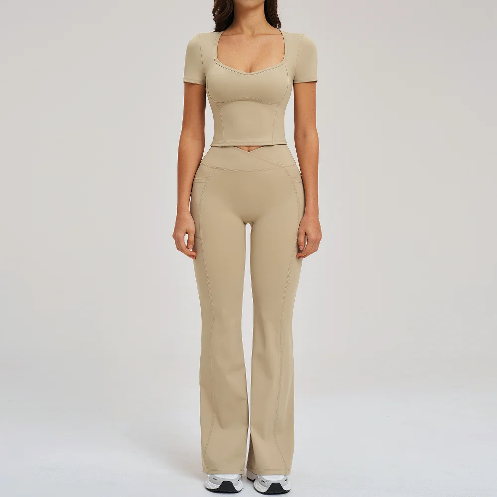 

Женский спортивный костюм из 2 предметов: расклешенный комплект для йоги, фитнеса и тренажерного зала, спортивный комплект с коротким рукавом, леггинсы с высокой талией для тренировок