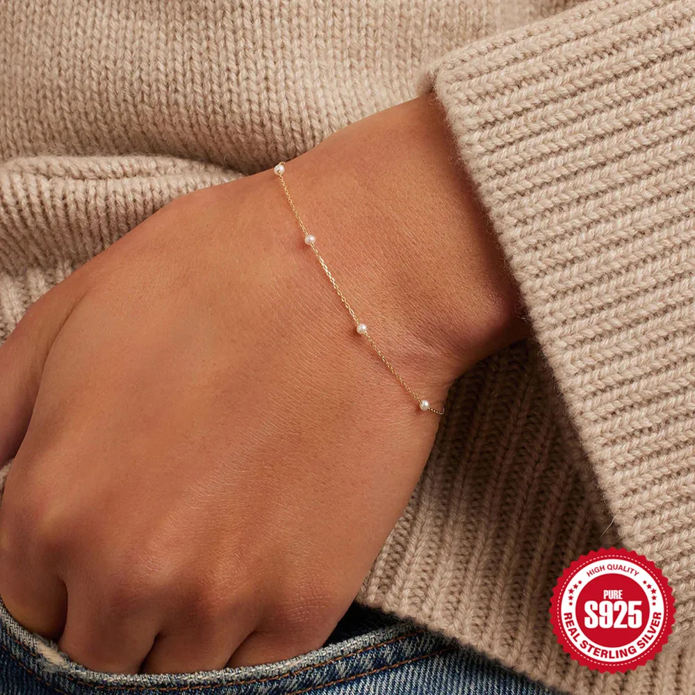 AIDE Echtes 925 Sterling Silber Perlenarmband Mode Schneewittchen 4 Perlen Braut Armband Für Frauen Freundin Schmuck Für Frauen