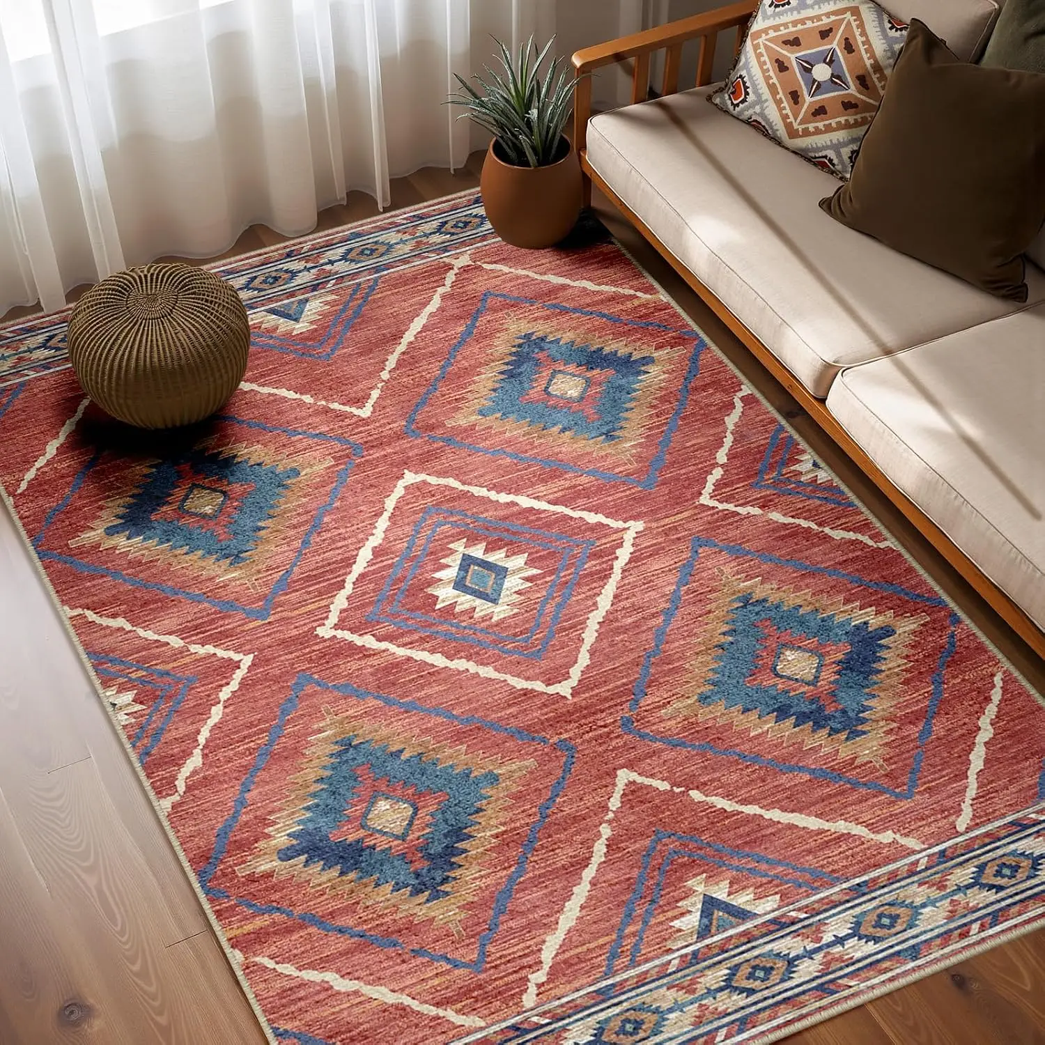 Tapis géométrique bohème sud-ouest, imprimé motif aztèque rouge et bleu, tapis antidérapant lavable pour salon, canapé, salle à manger