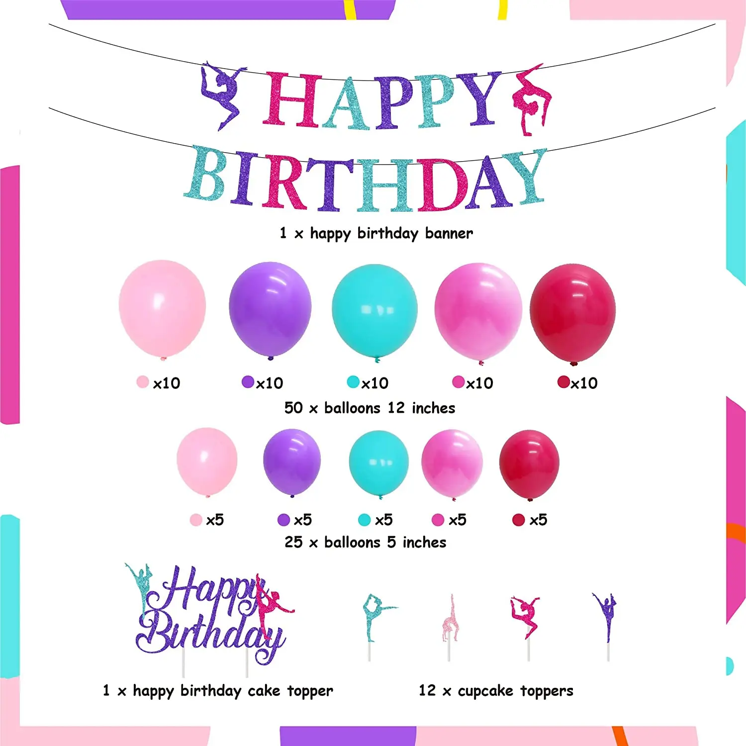 Funmemoir Gymnastics Themed Birthday Party Decorations Supplies for Girls Gymnastics Balloon Garland Birthday Banner Cake Topper