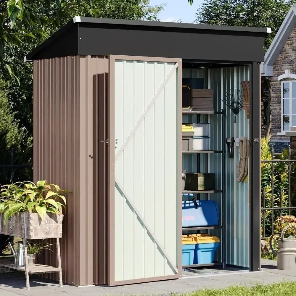 5ft x 2.9ft Outdoor Storage Shed with Base, Lockable Door, and Sloping Roof - Brown Metal Garden Tool Shed for Backyard, Patio,