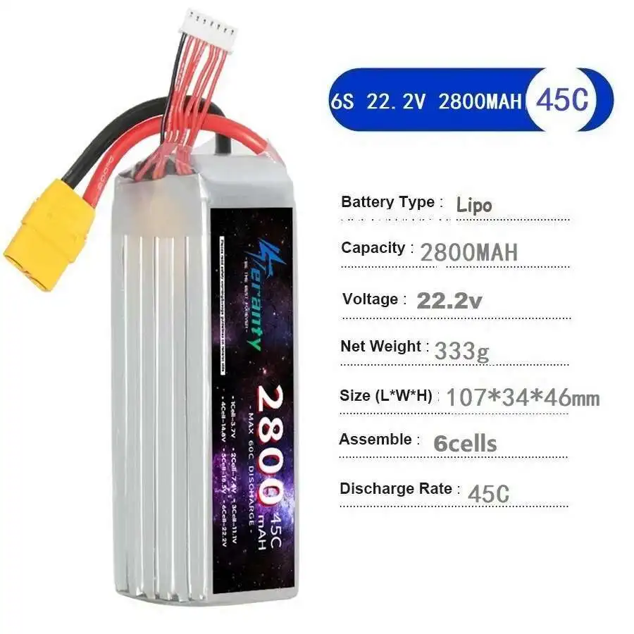 TERANTY 2800mAh 7.4V 11.1V 14.8V 22.2V リポバッテリー RCクアッドコプター ヘリコプター 車 ボート ドローン用 45C 2S 3S 4S 6S 2個入り