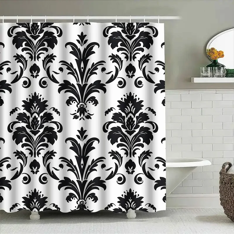 Black White Damask Shower Curtain Waterproof Bath Fabric Decorative Long Bathroom Shower CLOTHS Home Garden Decor Set of 1 Panel