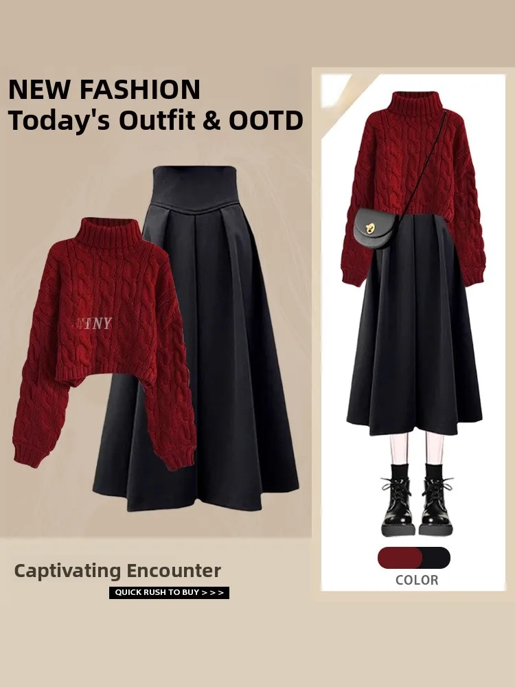 

Faionable High Ne Twist свитер и комплект юбки, женский зимний теплый комплект из Thiened из полиэфирного волокна для поездок на работу Sle Long Sve