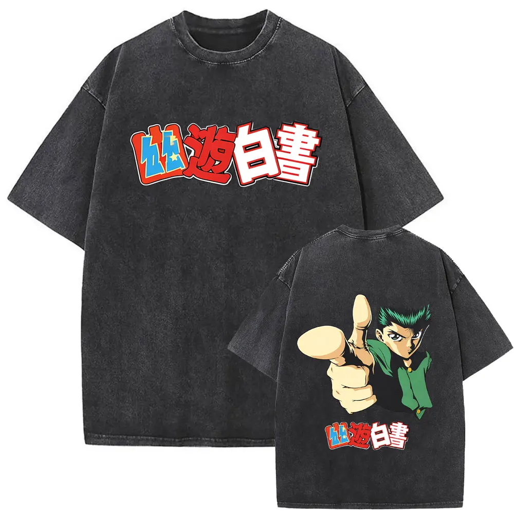 

Anime YuYu Hakusho Urameshi Yuusuke Vintage Washed T Shirt Men's Women Cartoon Manga Oversized T-shirts Male Retro Streetwear