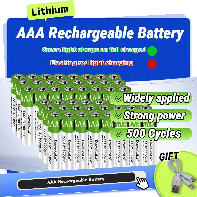 

1.5V AAA Li-ion Rechargeable Battery 3000mAh with USB-C Fast Charging, for High-Drain Devices like Controllers, Toys, Keyboards