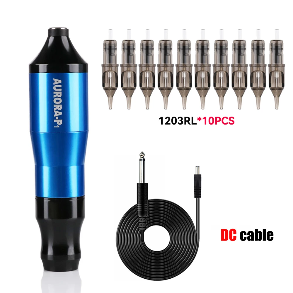 AURORA-P1 Black/Blue Permanent Makeup Tattoo Kit with DC Cable Tattoo Machine Pen 10pcs Cartridge Needle Professional Tattoo Set
