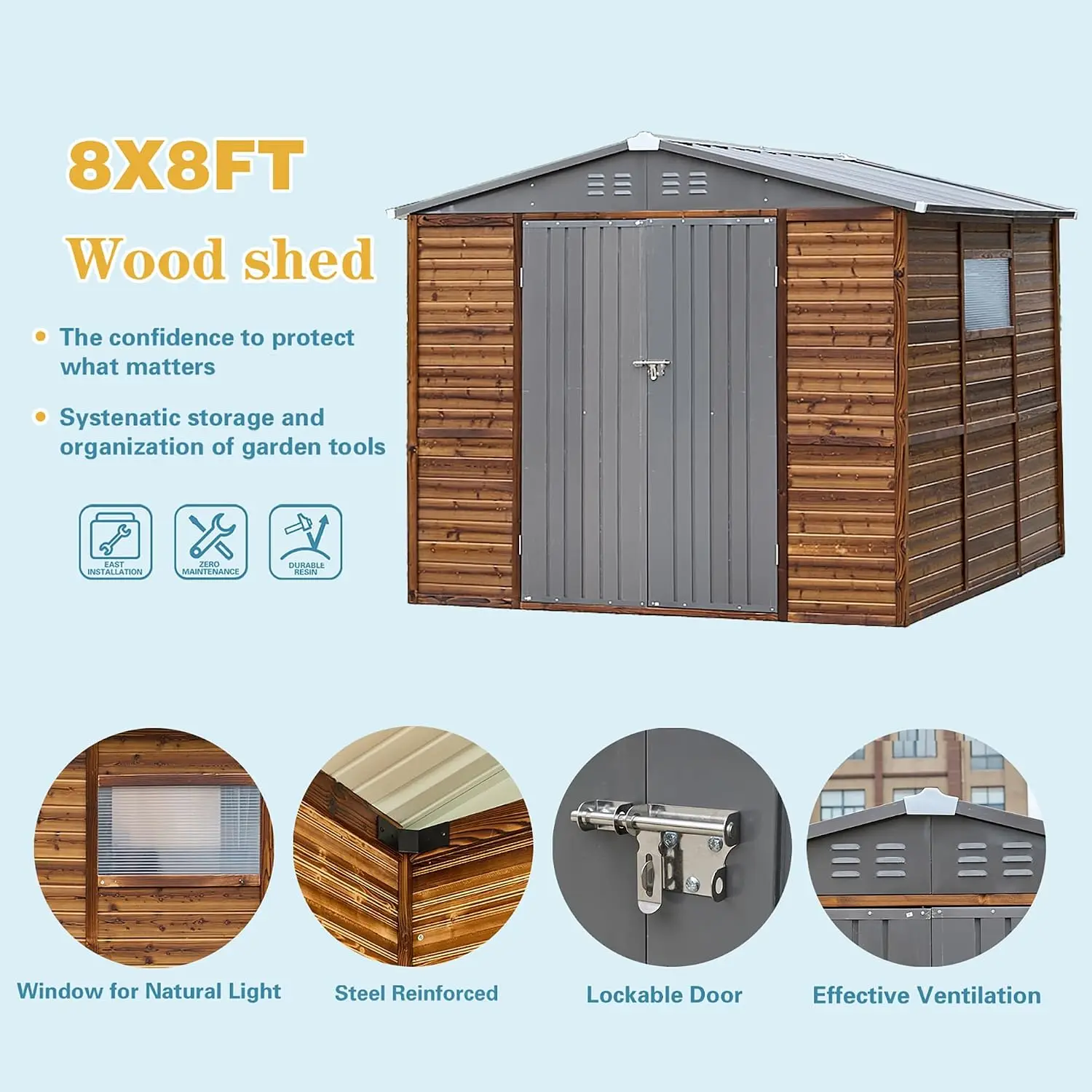 8x8 FT Outdoor Wood & Metal Storage Shed Waterproof with Windows & 4 Vents Tool Shed for Backyard Patio Garden, Customized view 5