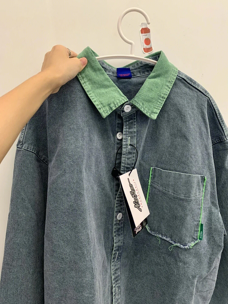 Retro Blue Denim Shirts For Women Spring Autumn Casual Loose Student Long Sleeved Jackets Fashion Patchwork Commuting Thin Tops