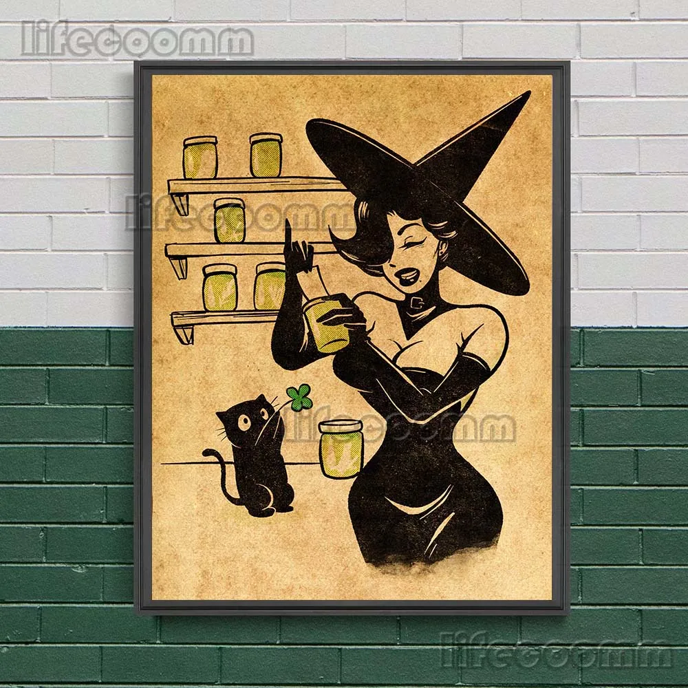 Little Witch Taking A Bath And Bat Assistant Vintage Wall Art Tights Witches Potion Canvas Print Witchcraft Art Poster And Print