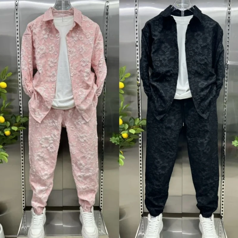 Spring and Autumn New 3D Relief Jacquard Shirt Coat Pants Two Piece Set Men's Trendy Brand Leisure Sports Set Hot Selling