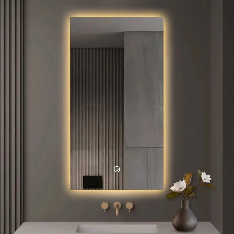 Laminated Mirror Wall Hanging Wall Luminous Touch Screen Anti-Fog Mirror Modern Simple Right Angle Smart Bathroom Mirror Vanity