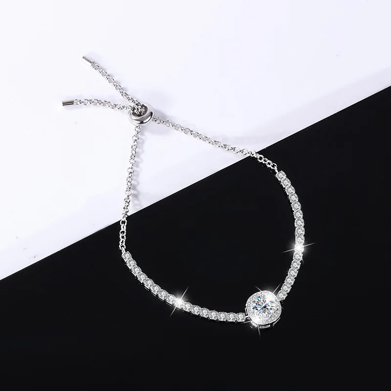 Trumium 1ct Moissanite Diamond Square Halo Bracelet for Women S925 Sterling Silver Luxury Sparkling Push-pull Hand Chain Jewelry