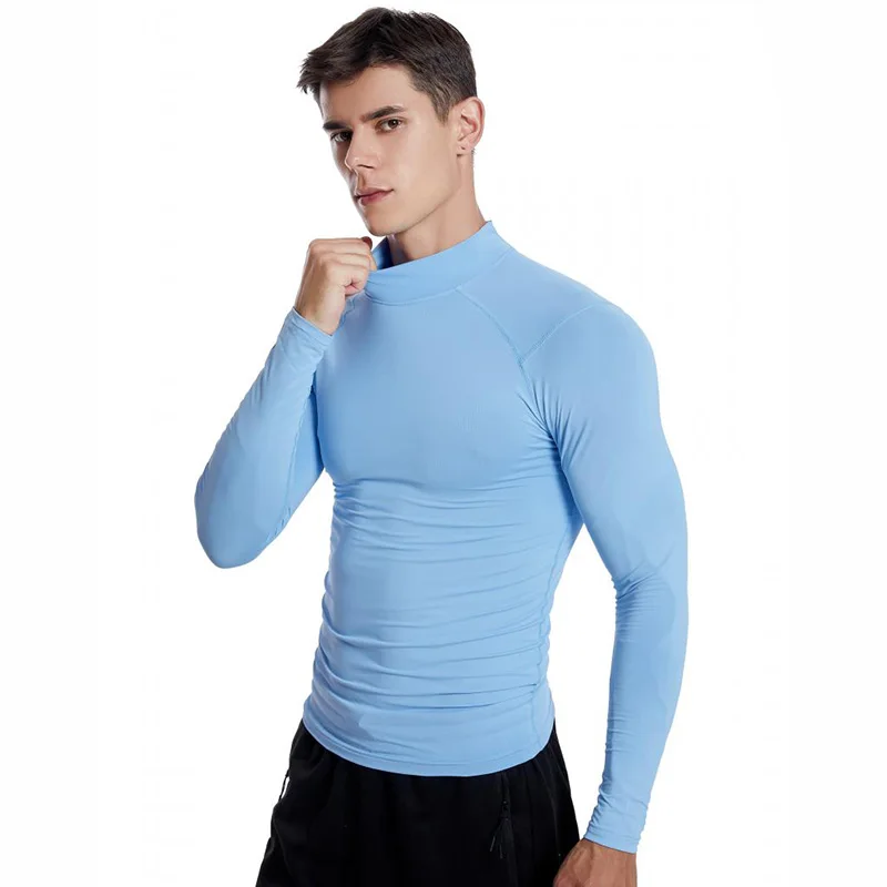 Men's Sports Training Long Sleeve Compression T-Shirt 90% Polyester 10% Spandex Stretch Workout Gym Fitness High Collar T Shirt