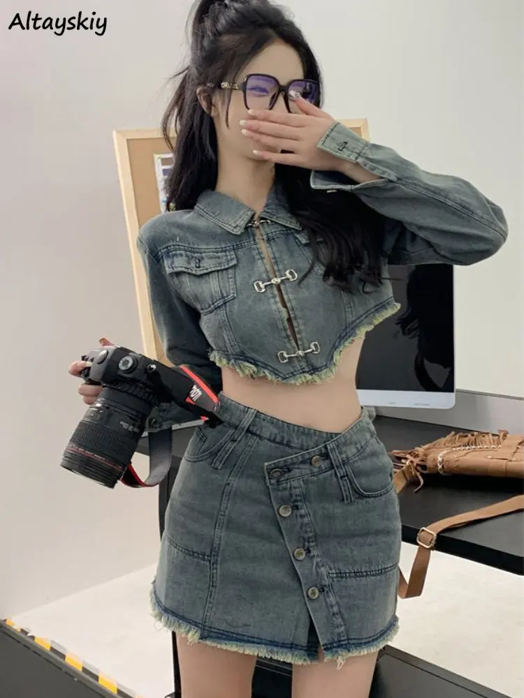 

2 Pcs Sets Women Spring Denim Crop Jackets Slim Irregular Mini Skirts American Retro Temperament High Street Distressed Chic Ins