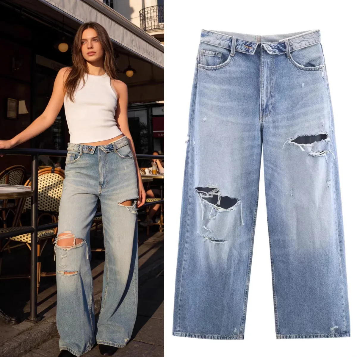 New Autumn Winter Fashion Casual Mid Waist Hole Solid Color Loose Fit Wide Leg Jeans For Women