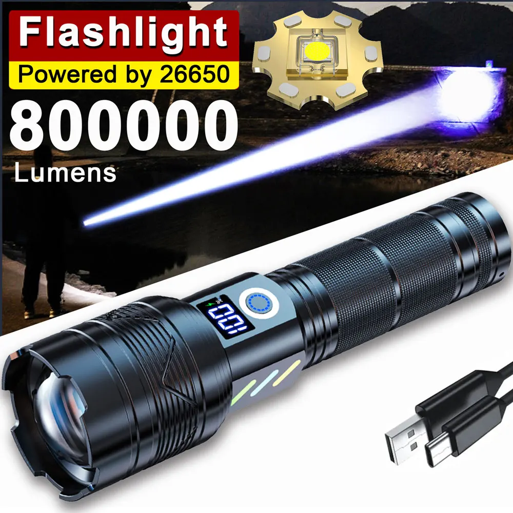 800000lm High Power Strong Light Long Range LEP Flashlight USB Charging 26650 Battery Outdoor Telescopic Zoom Super Bright Torch