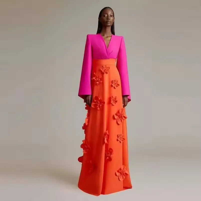 Vestido Maxi de 2 Piezas en Fucsia y Naranja, con Estampado Floral 3D, Mangas Largas, para Fiesta de Graduación, Hecho a Medida, con Cierre de Cremallera