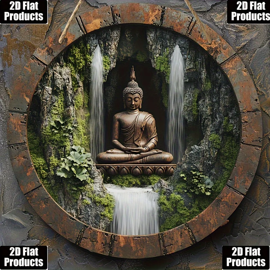2D Metal Sign, Boho Zen Buddha Wall Art for Home Office Cafe, 20.32cm Round Metal Decor with Waterfall Plant Design, Rustic Hand