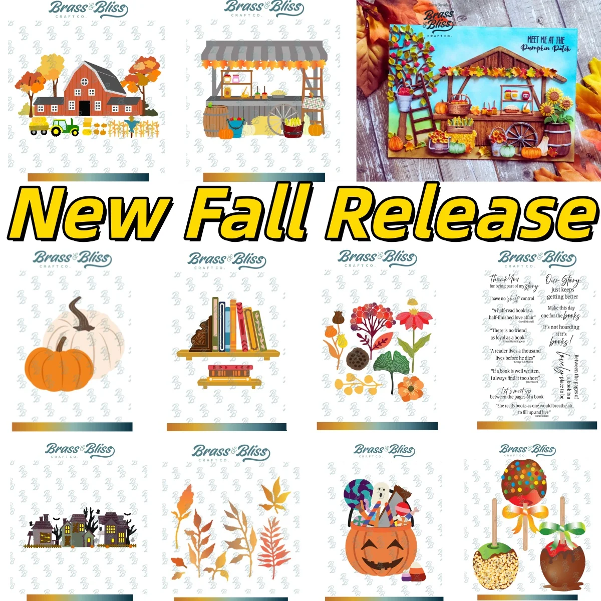 

Bookshelf Florals Pumpkins Farm Market Metal Cutting Dies Clear Stamps New Fall Release For DIY Scrapbook Embossed Handcraft