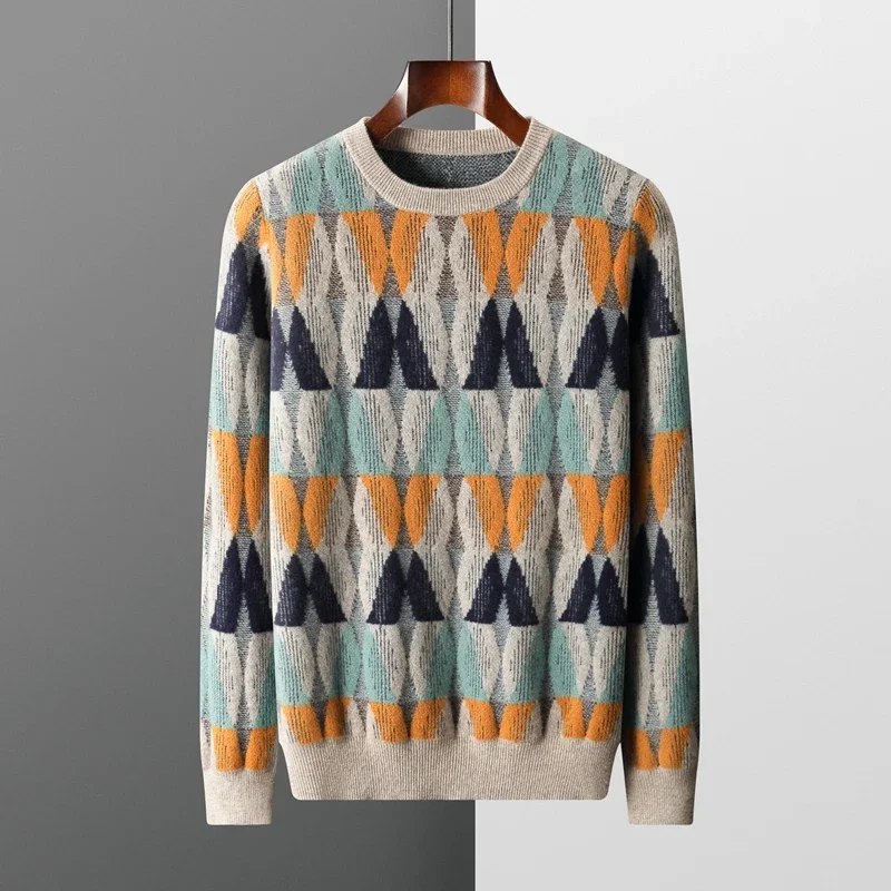 

Pop New Men 100% Pure Cashmere Wool Soft Sweater O-neck Twisted Contrasting Pullover Autumn Winter Casual Thick Basis Large Size