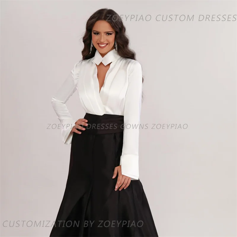 Mulheres Linha A Longo Cetim Vestidos de Baile, Vestidos de Noite Gola Alta, Árabe, Evento Formal, Festa, Elegante, Preto, Branco