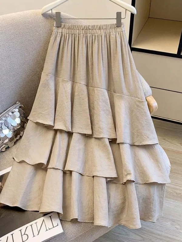 Khaki Lace Hem Cake Skirt Women's plus Size Elastic Waist Midi Half Skirt Korean Style Commute High Waist A-Line Skirt