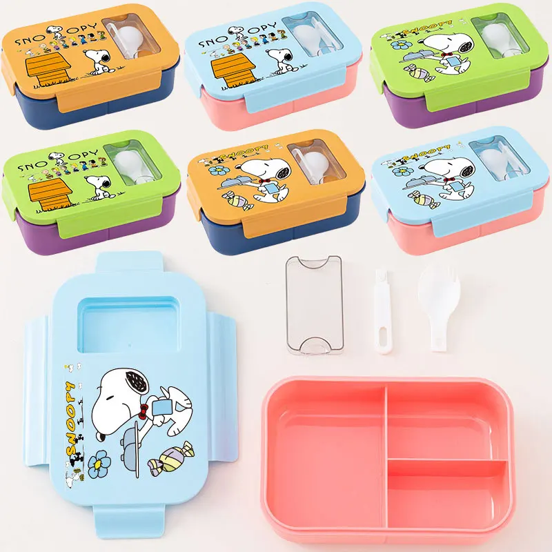 

Ланч-бокс с рисунком Снупи с ложкой, большая вместительная коробка для бенто, дизайн с пряжкой, герметичный и герметичный портативный контейнер для хранения еды