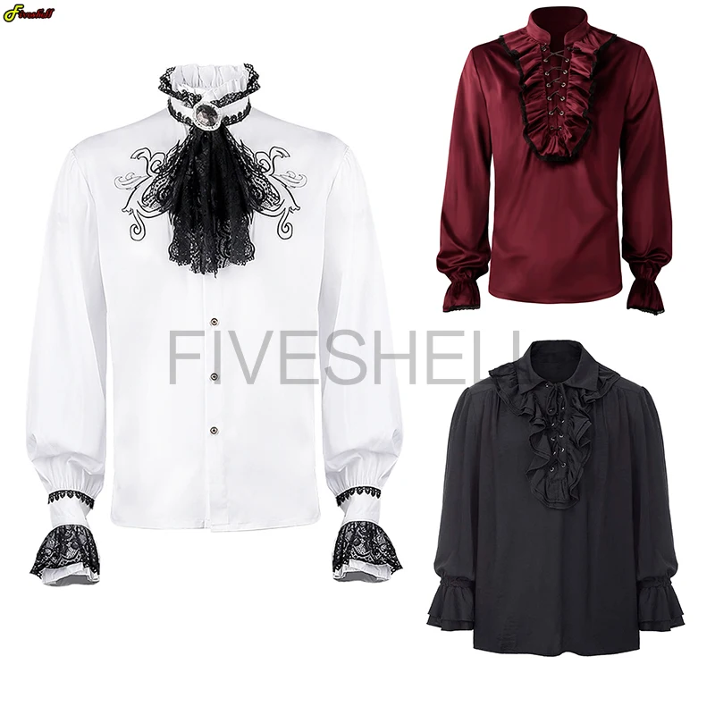 Medieval Costumes Men\'s Shirts Turtlenecks Vintage Bandage Victorian Ruffles Gothic Male Jabot Blouse Tops Groom Casual Outfit