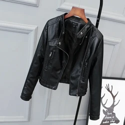 2024 Spring Autumn Women Fashion Biker Leather Jacket Soft Pu Punk Black Zipper Outwear Biker Casual Faux Leather Jacket