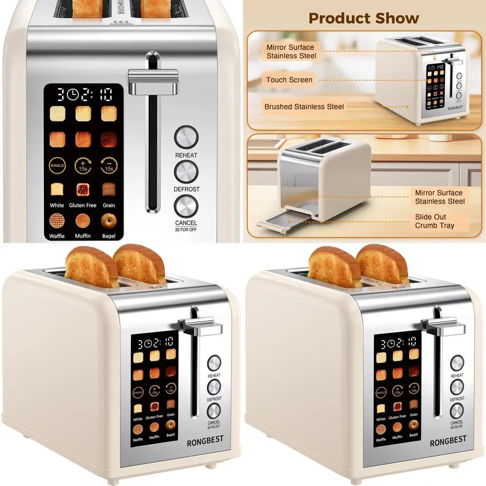 

Тостер из нержавеющей стали с широкими слотами и равномерным нагревом для багелей и хлеба, функции подогрева и разморозки, съемный поддон для крошек, цвет кремовый
