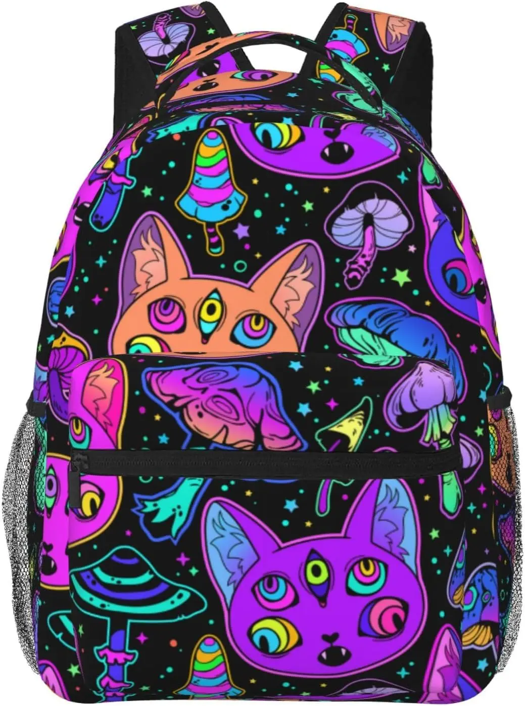 Backpack Casual Halloween Trippy Eyes Black Cat Mushrooms Bookbag with Padded Straps Anti Theft Rucksack for Travel Camping