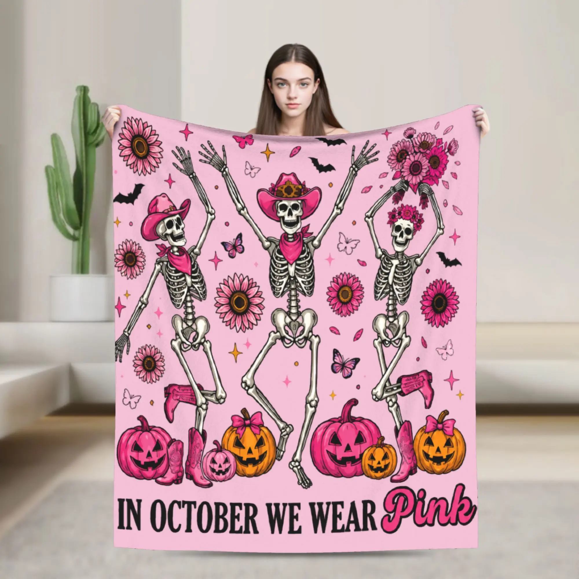 Breast Cancer Awareness Pink October Halloween Cowgirl Skeleton Spooky Season Blanket   Plush Throw Blankets Decoration Warm